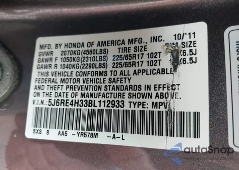 2011 Honda Cr-V Lx from USA, damaged, VIN 5J6RE4H33BL112933